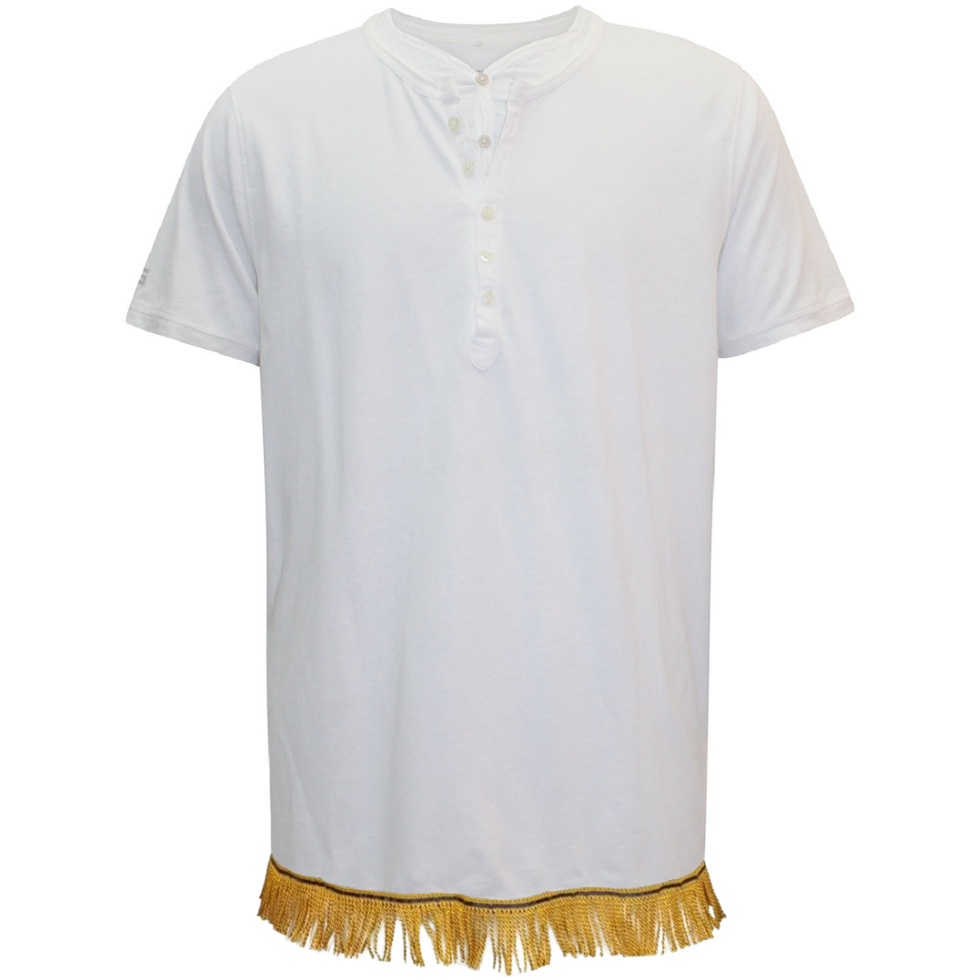 Men's White Pure Cotton Mock Insert Henley Top with Fringes
