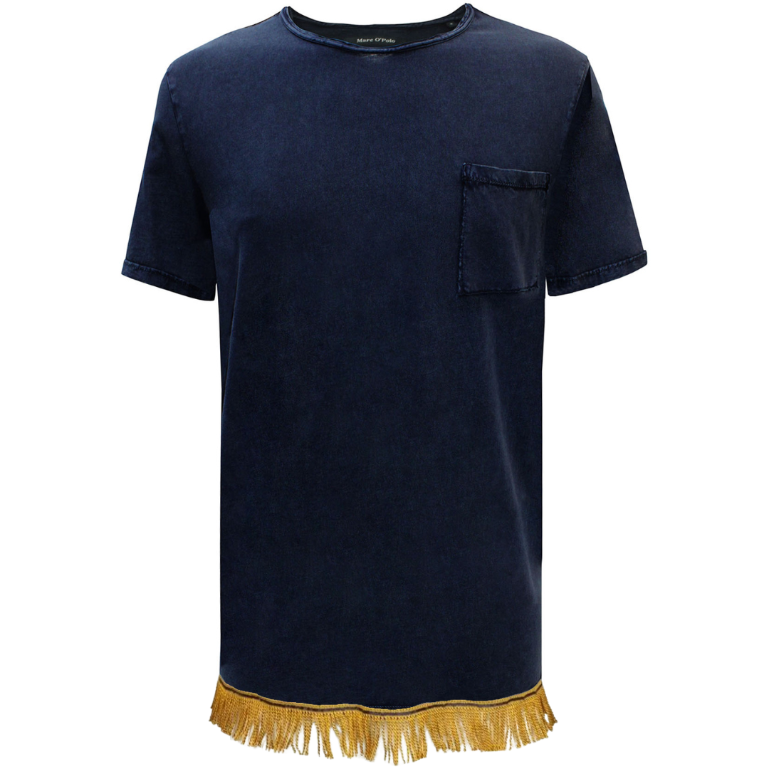 Men's Navy Raw Trim Pocket T-Shirt with Fringes
