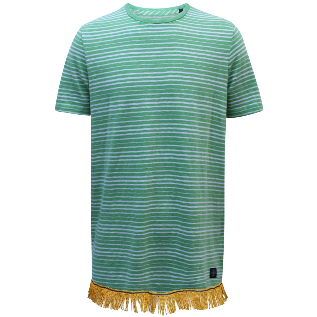 Men's Green Pure Cotton Herringbone Trim T-Shirt with Fringes