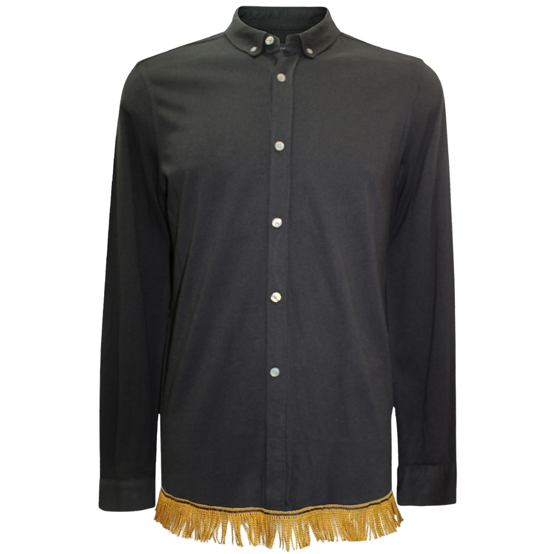 Men's Black Pure Cotton Button Down Collar Shirt with Fringes