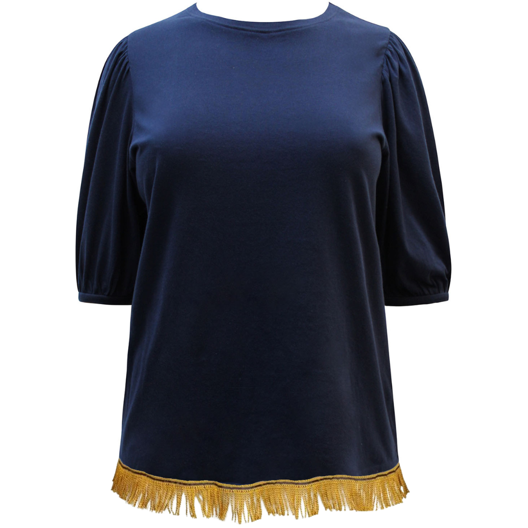Women's Navy Pure Cotton Volume Sleeve Top with Fringes