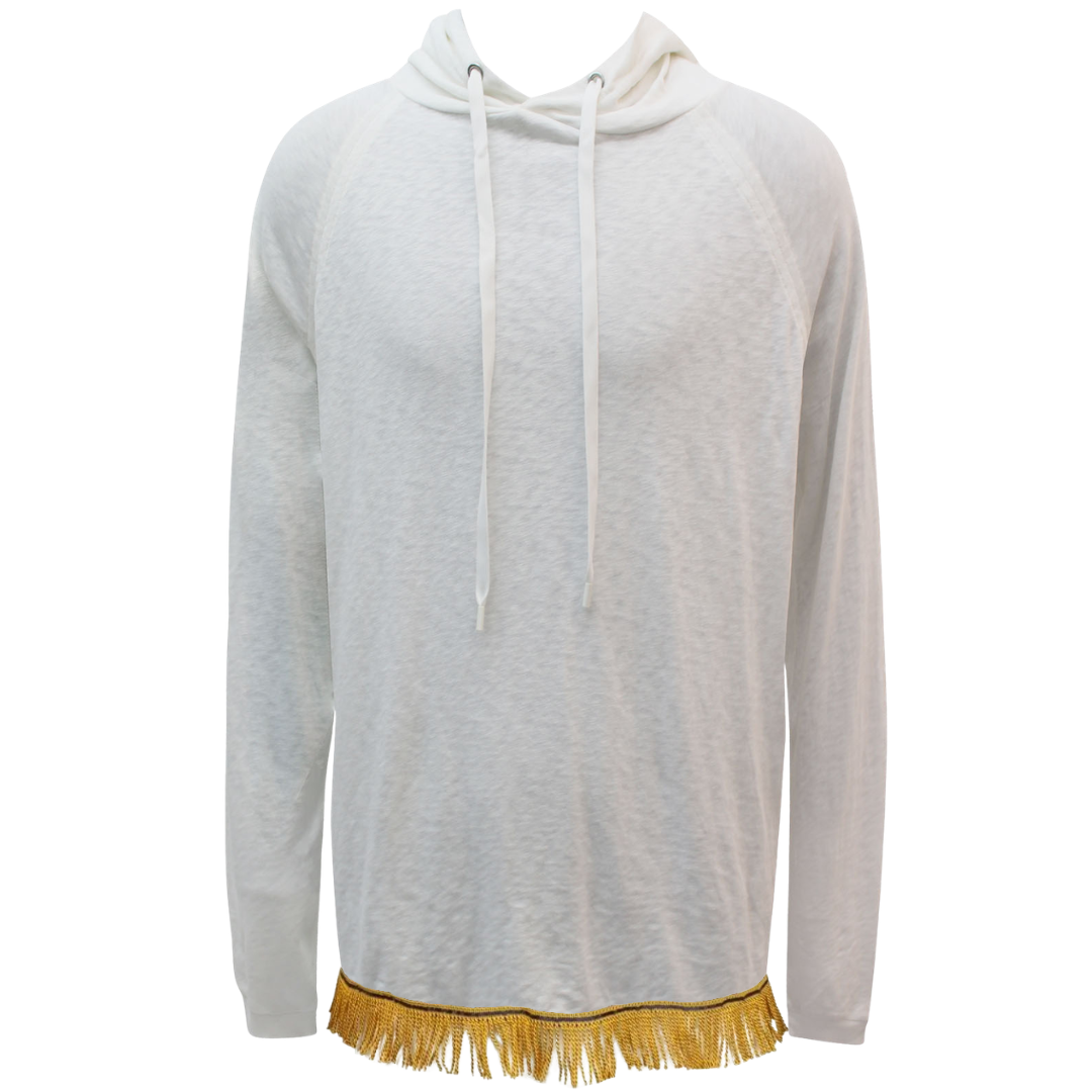 Men's Ivory Pure Cotton Popover Hoodie with Fringes