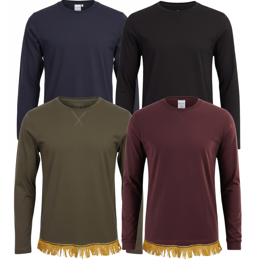 Men's Crew Neck Long Sleeve T-Shirt with Fringes