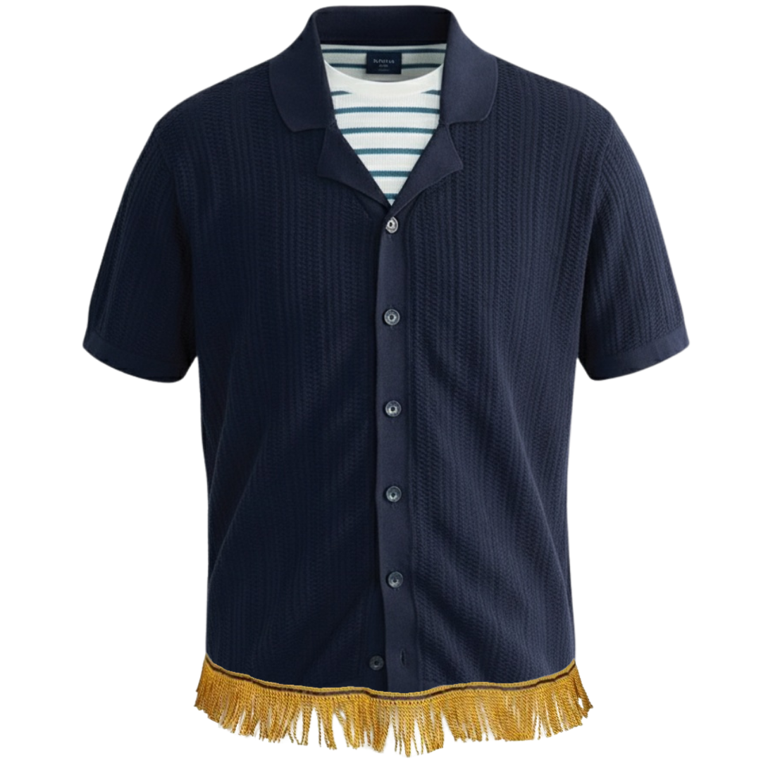 Men's Knitted Button-Down Shirt with Fringes