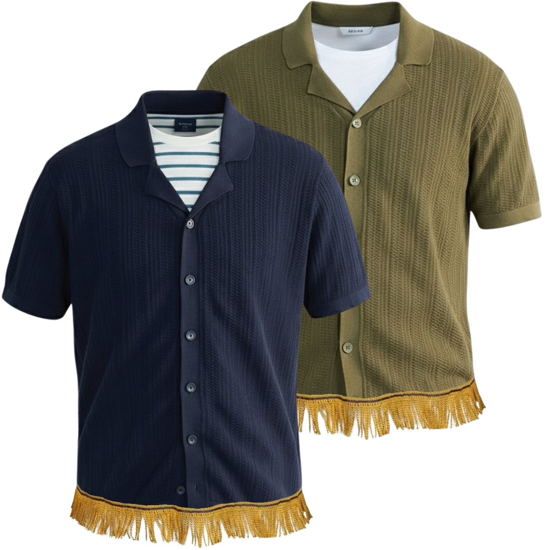 Men's Knitted Button-Down Shirt with Fringes