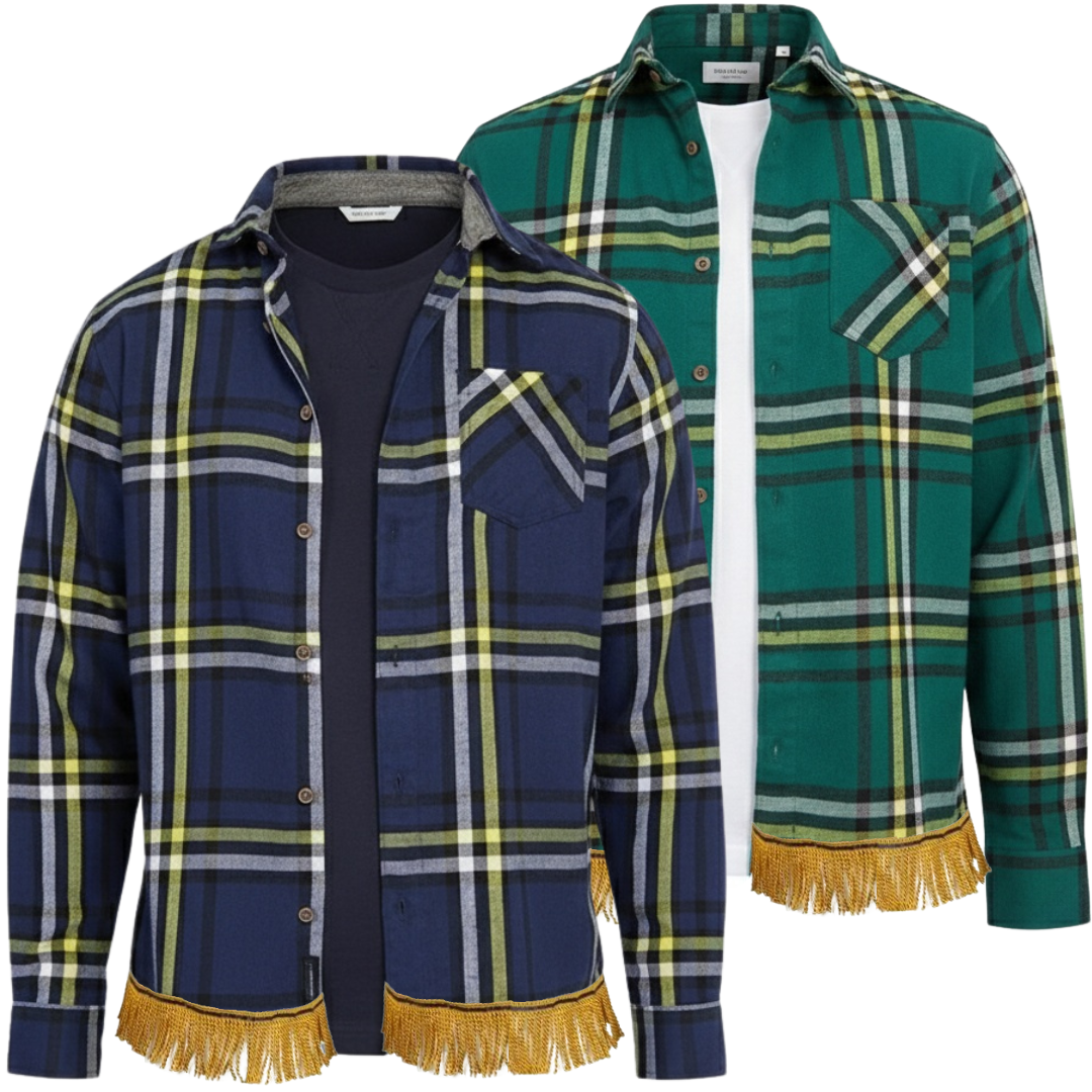 Men's Checked Long Sleeve Shirt with Fringes