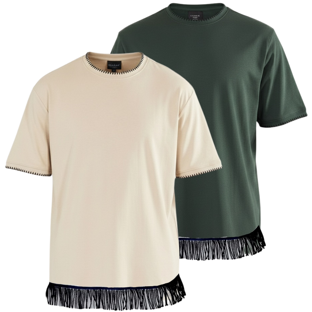 Men's Contrast Neck Trim T-Shirt with Fringes