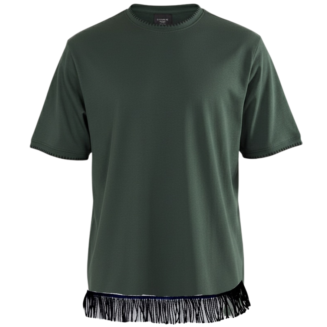 Men's Contrast Neck Trim T-Shirt with Fringes