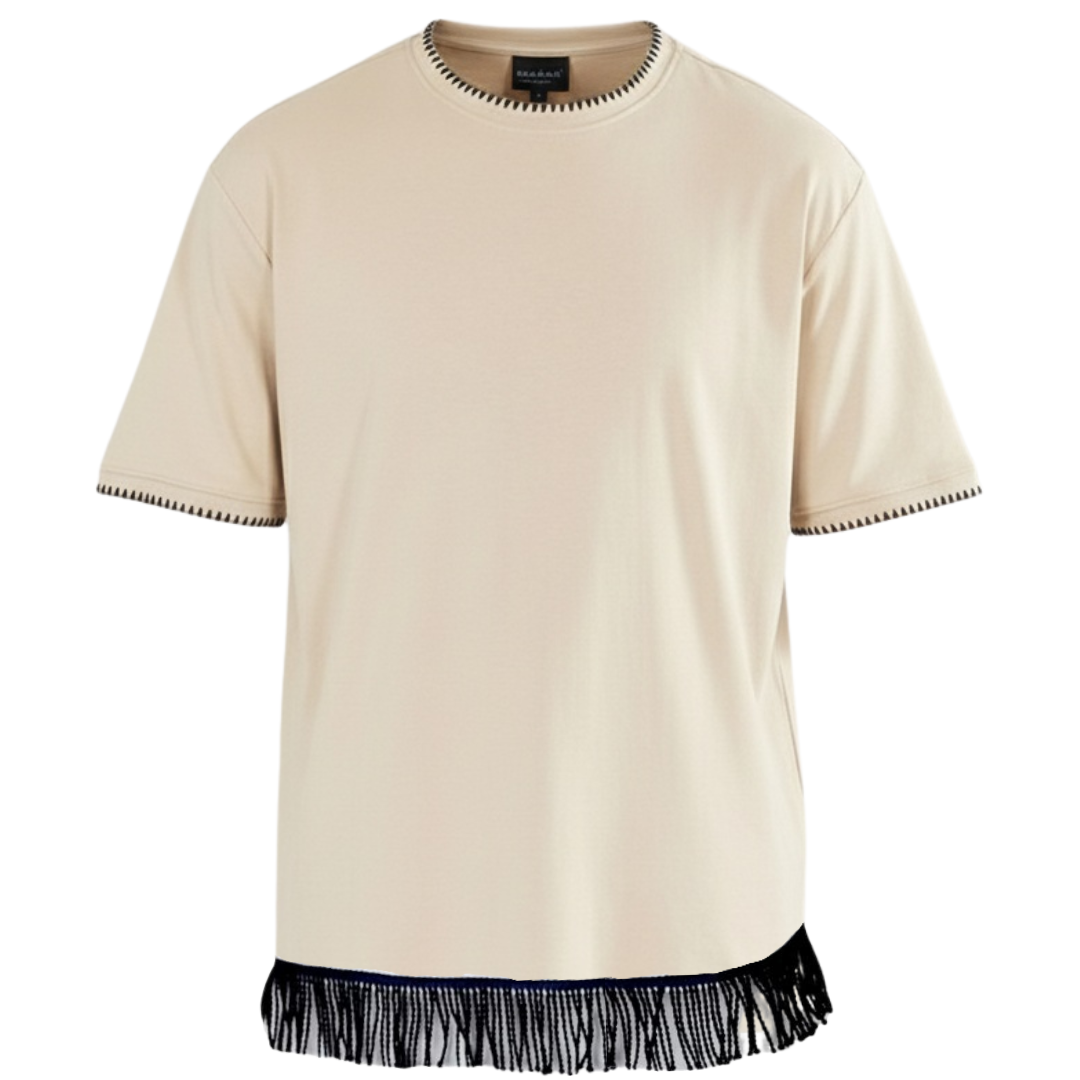 Men's Contrast Neck Trim T-Shirt with Fringes