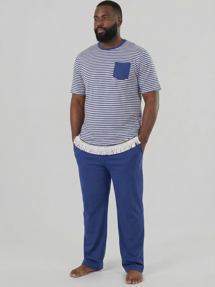 Men's Fringed Navy Stripe Pyjama Set (Top & Pants)