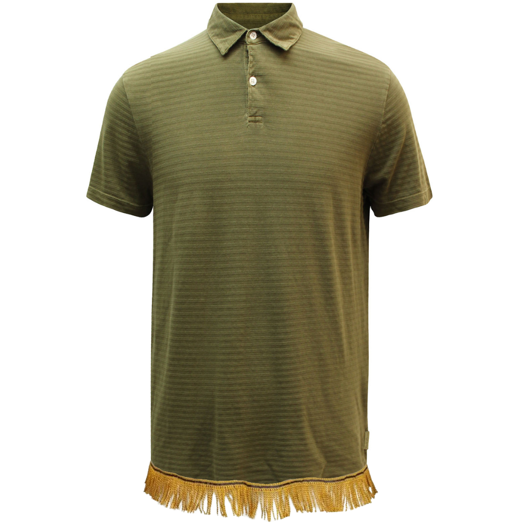 Men's Olive Organic Cotton Textured Stripe Polo with Gold Fringes