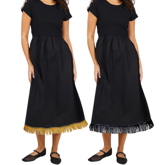 Black Ribbed-Poplin Midi Dress with Fringes