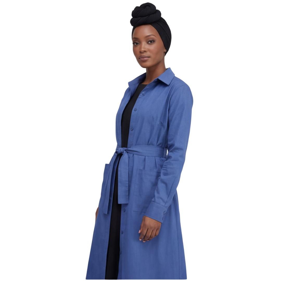 Cotton Belted Long Shirt Jacket with Fringes