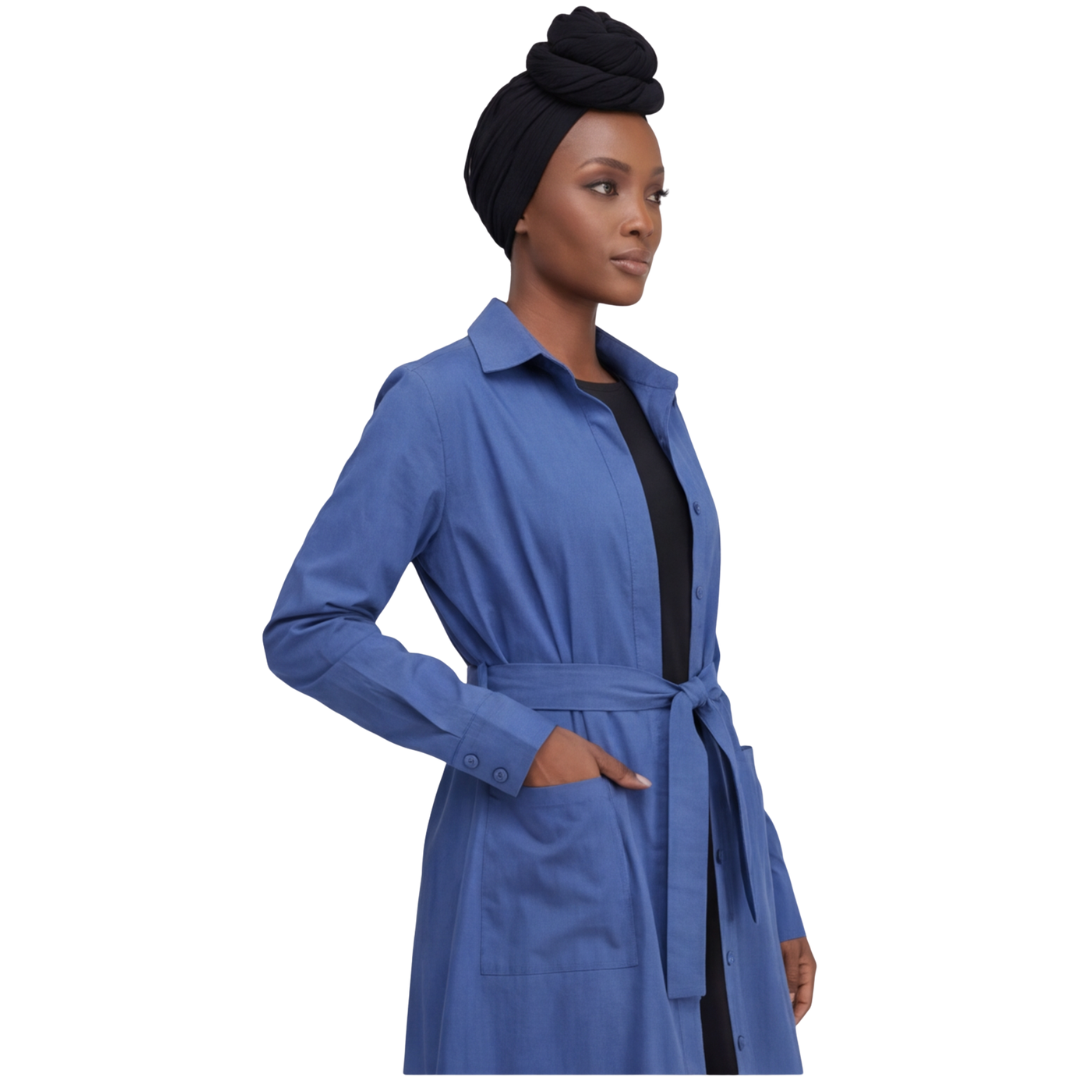 Cotton Belted Long Shirt Jacket with Fringes