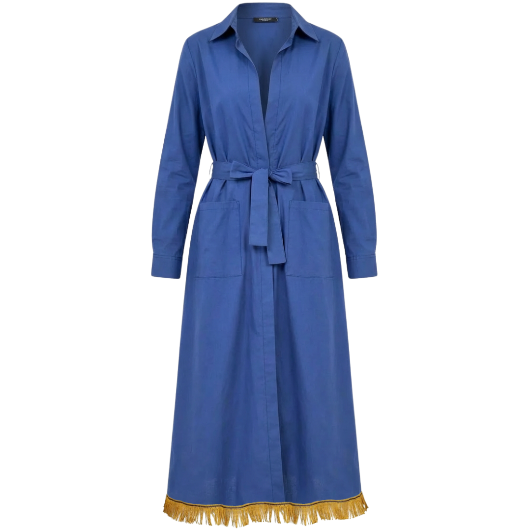Cotton Belted Long Shirt Jacket with Fringes