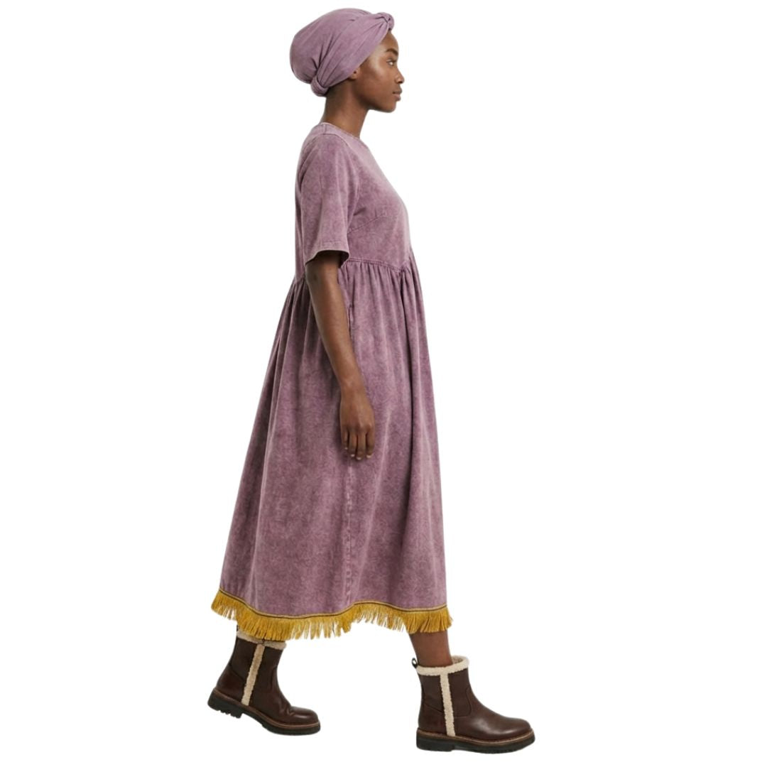 Acid Wash Fringed Midi Smock Dress with Pockets
