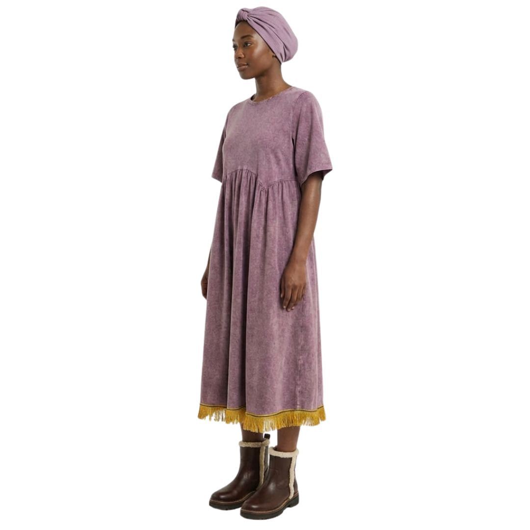 Acid Wash Fringed Midi Smock Dress with Pockets