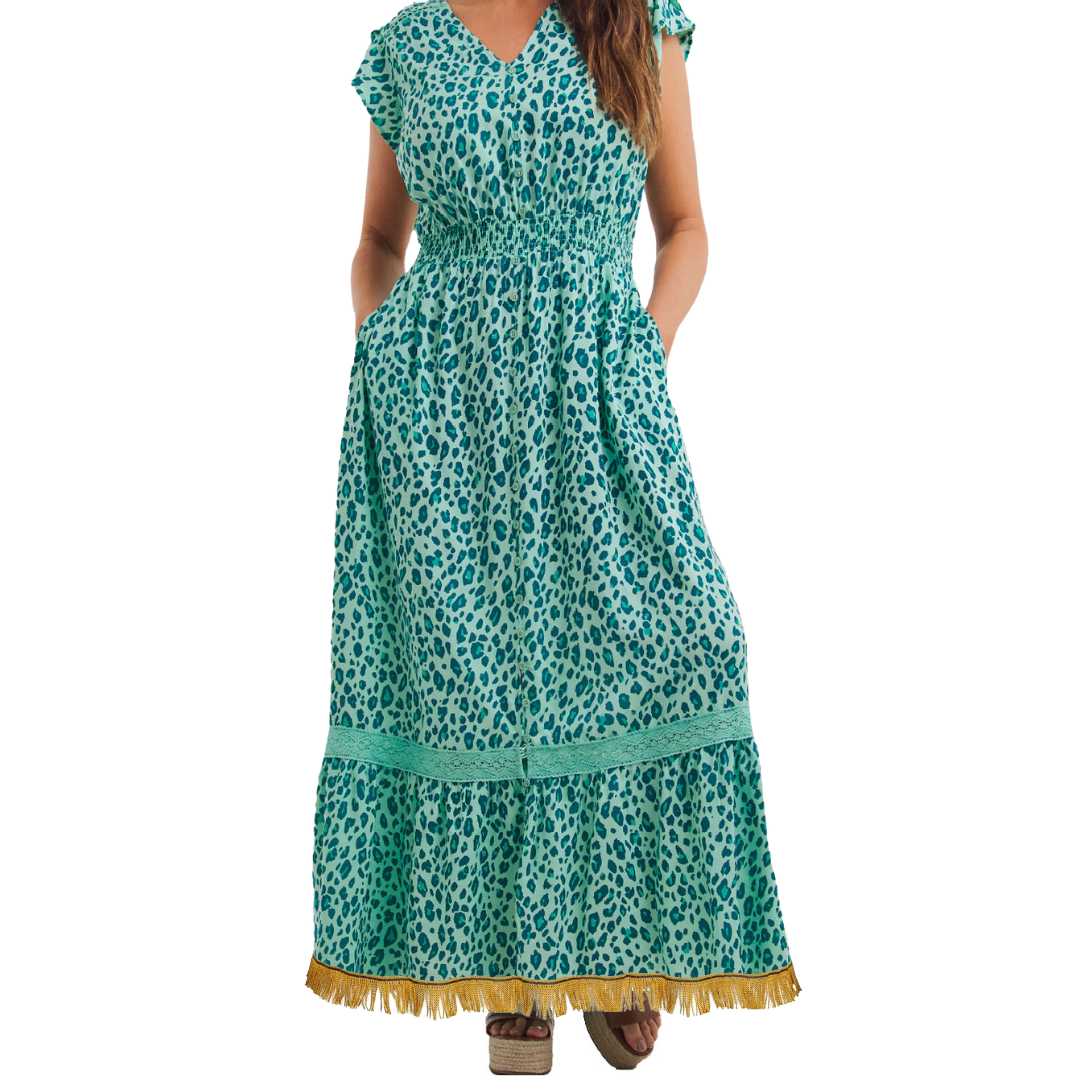Leopard Print Lace Maxi Dress with Fringes