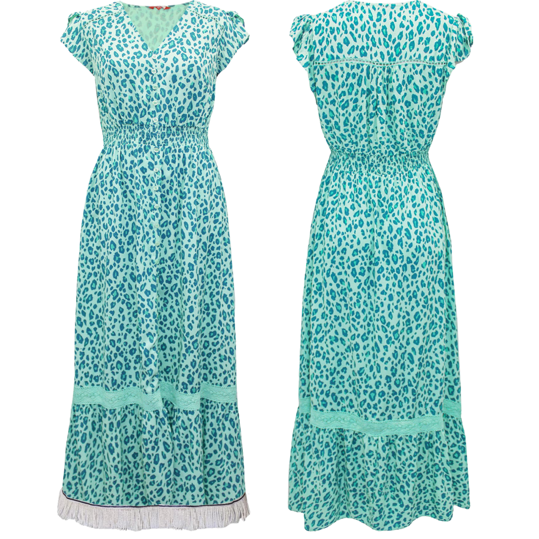 Leopard Print Lace Maxi Dress with Fringes