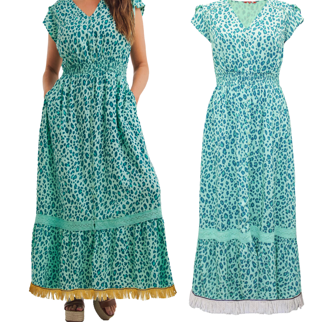 Leopard Print Lace Maxi Dress with Fringes