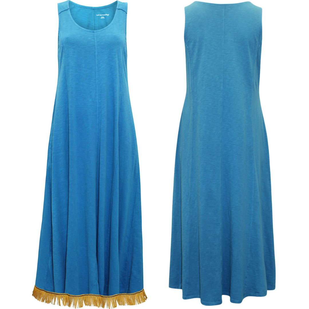 Blue Organic Cotton Sleeveless Maxi Dress with Fringes