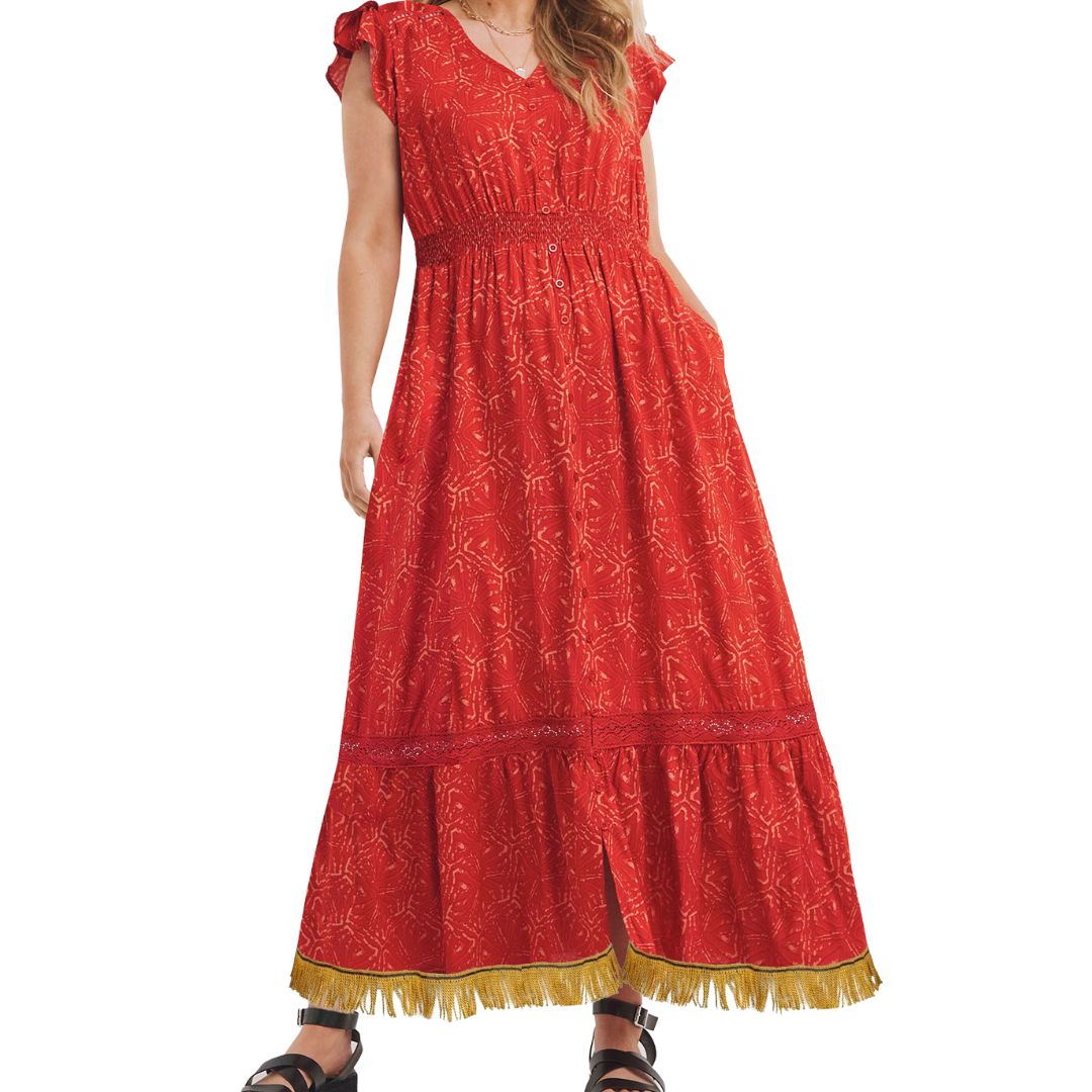 Red Printed Lace Maxi Dress with Fringes