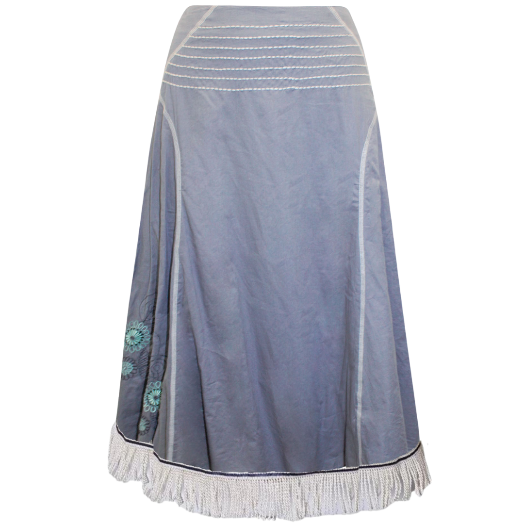 Pure Cotton Embroidered A-Line Skirt with Fringes