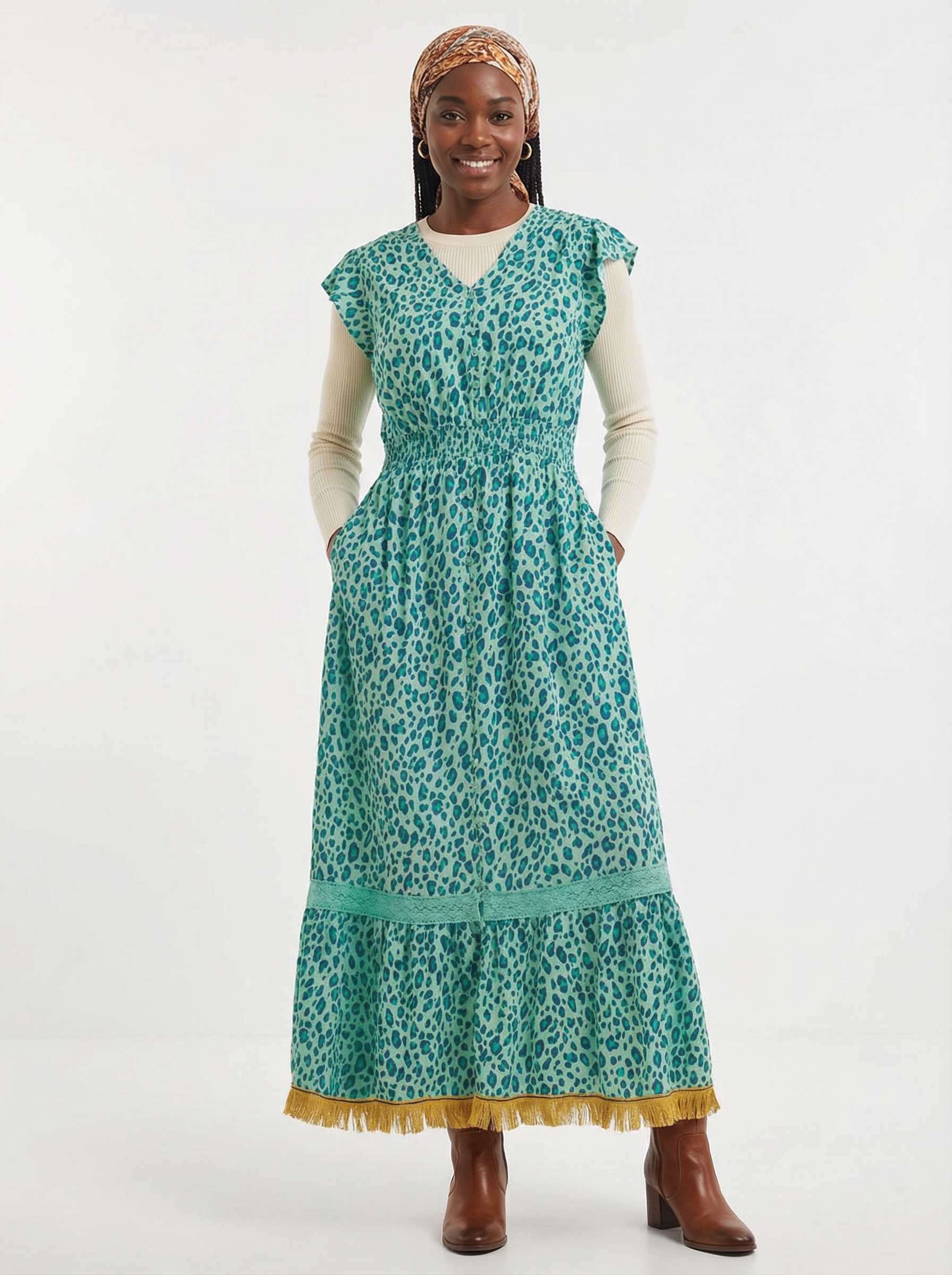 Leopard Print Lace Maxi Dress with Fringes