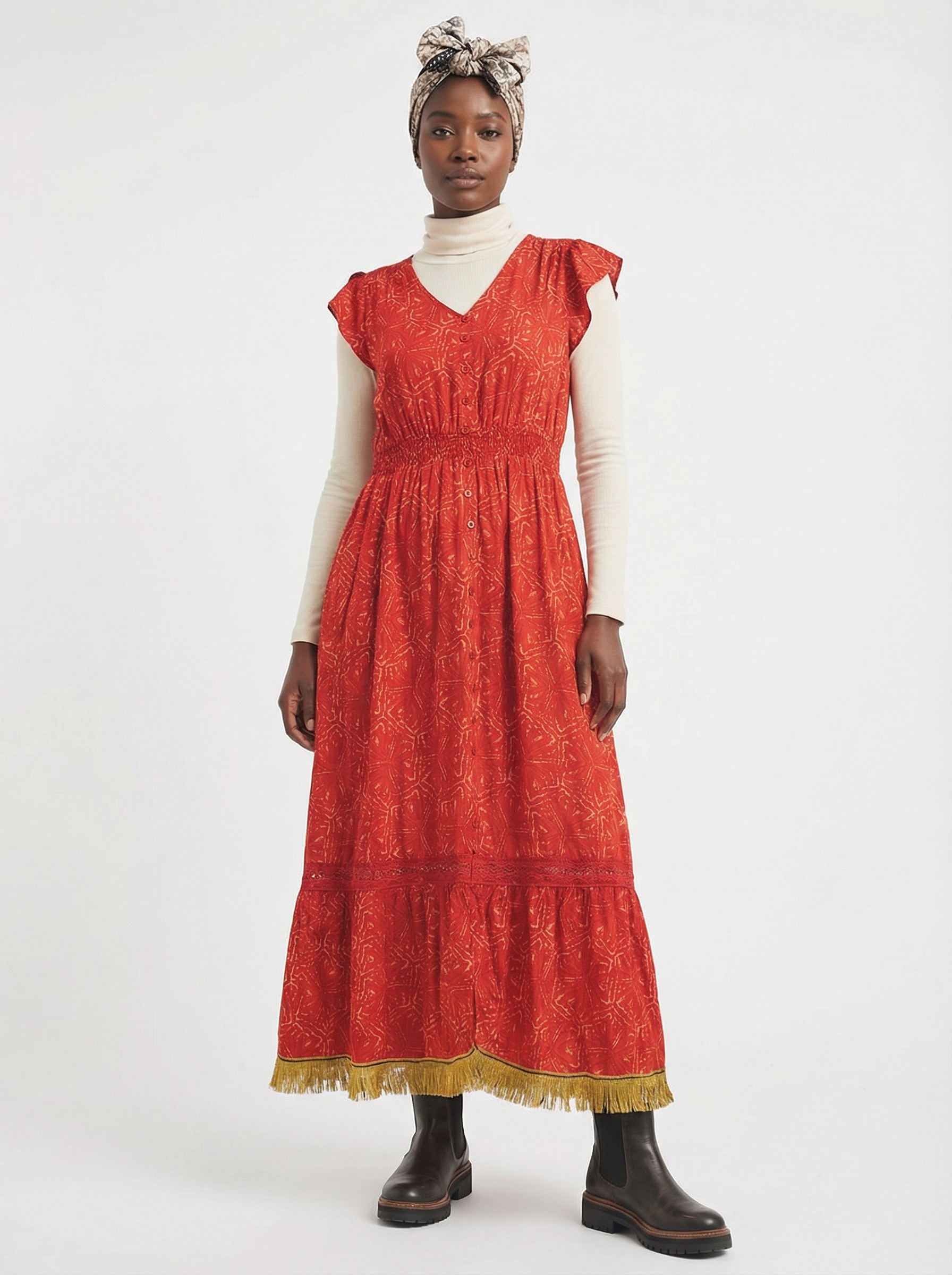 Red Printed Lace Maxi Dress with Fringes