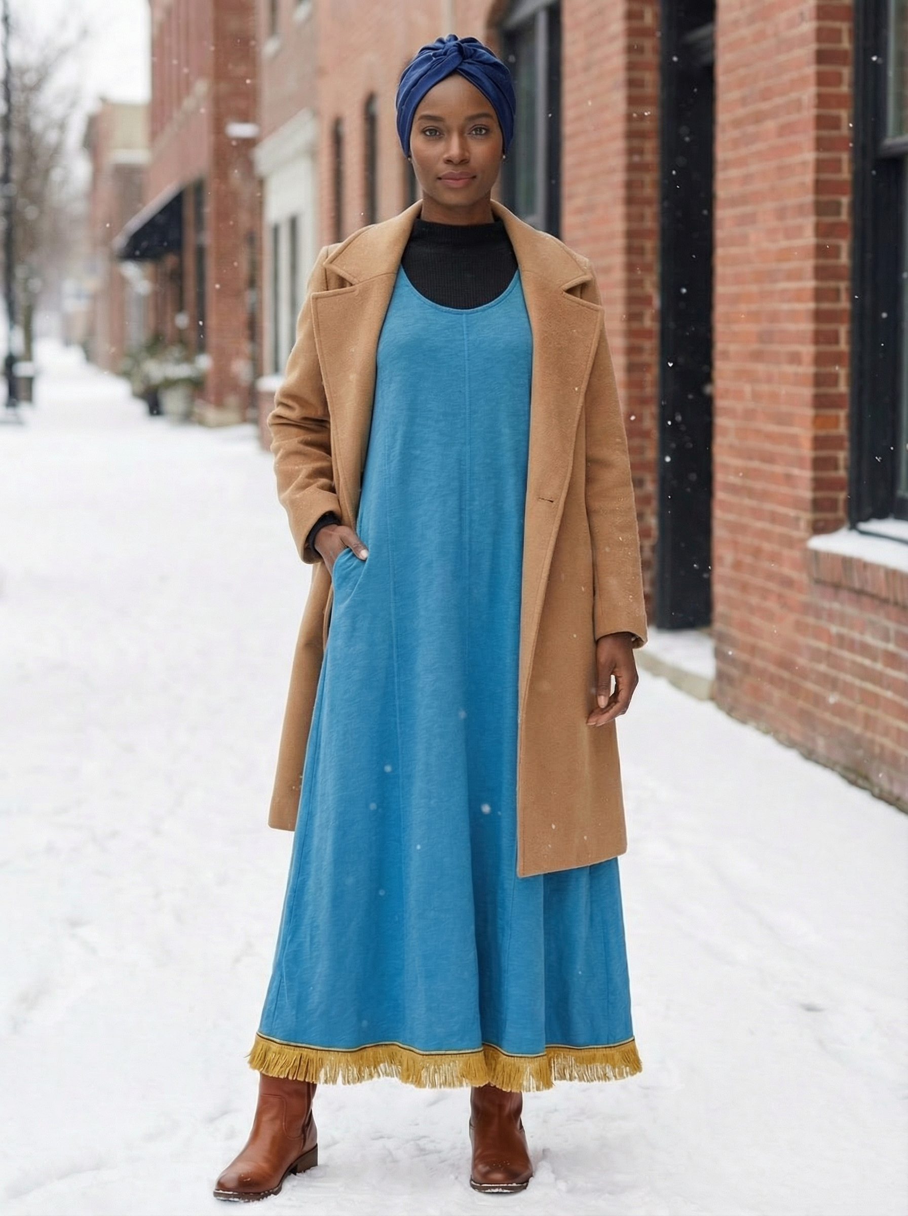 Blue Organic Cotton Sleeveless Maxi Dress with Fringes