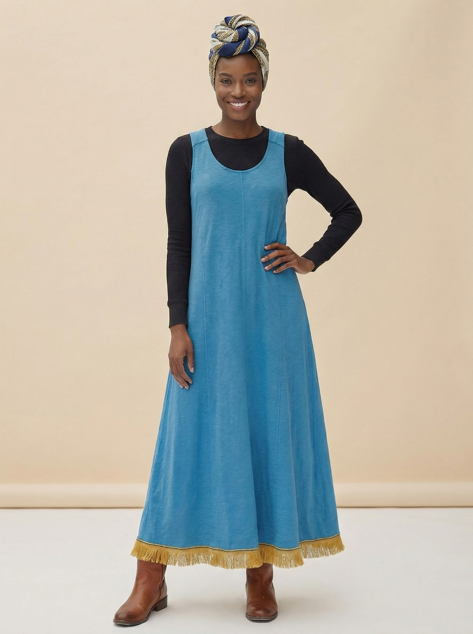 Blue Organic Cotton Sleeveless Maxi Dress with Fringes