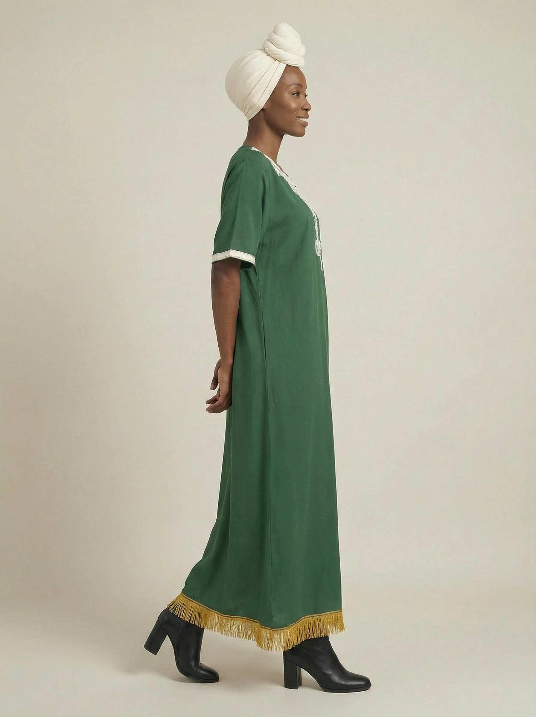 Embroidered Round Neck Kaftan with Fringes