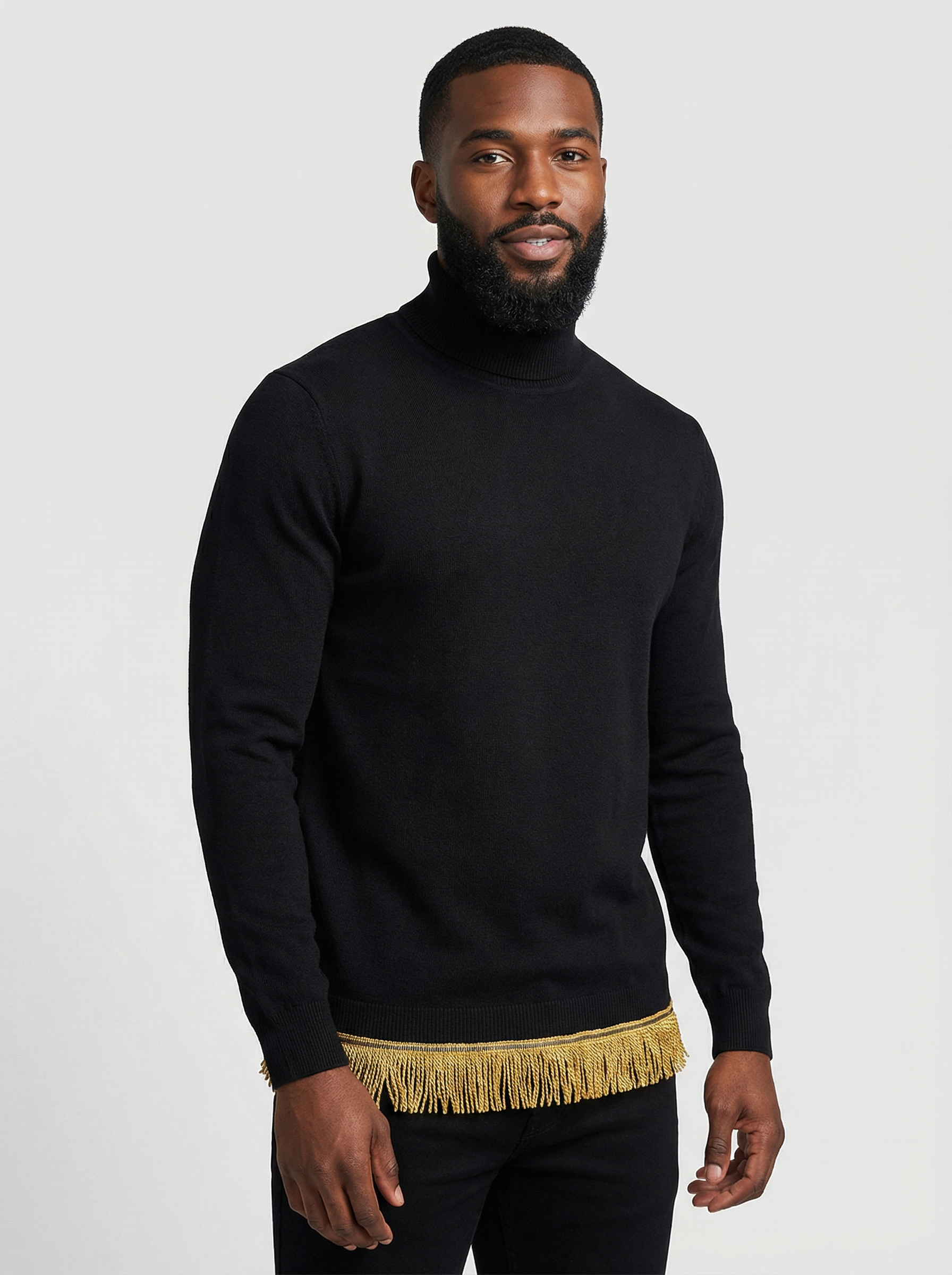 Men's Cotton Turtleneck Sweater with Fringes