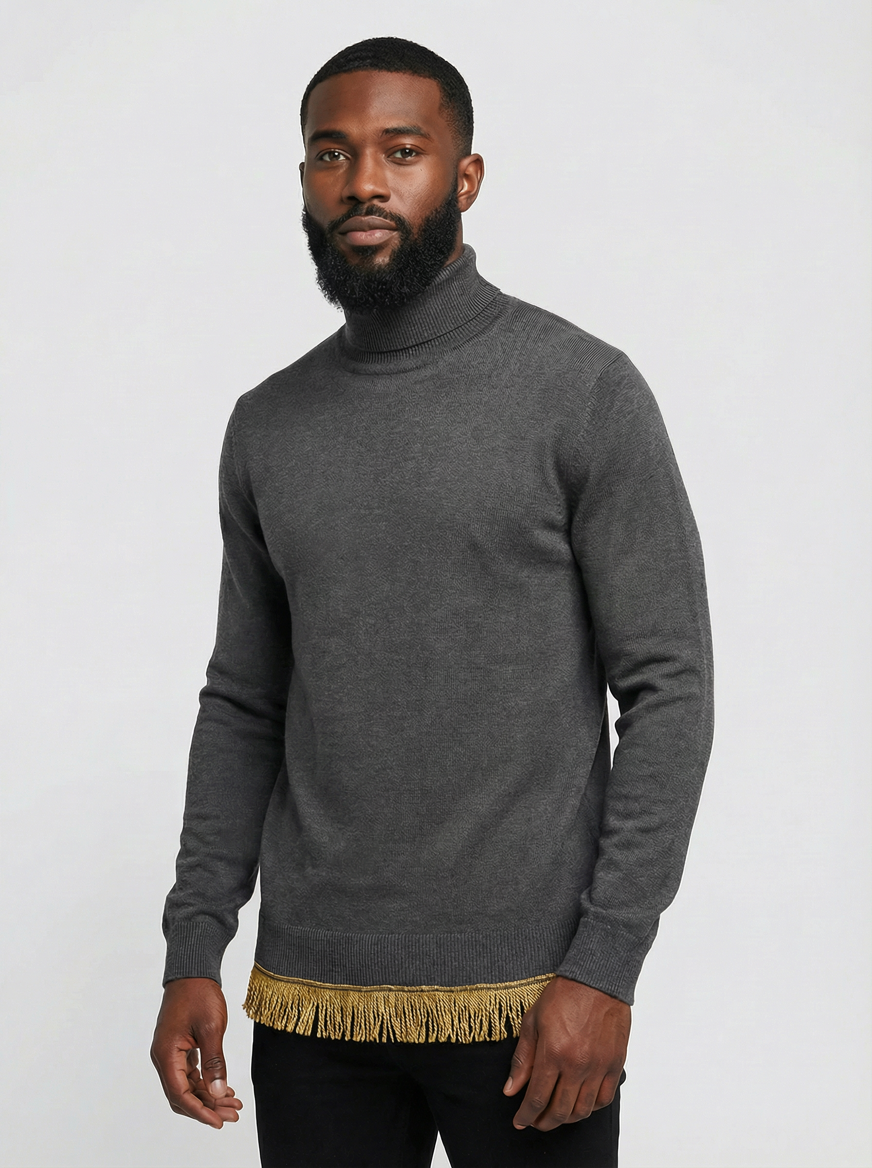 Men's Cotton Turtleneck Sweater with Fringes