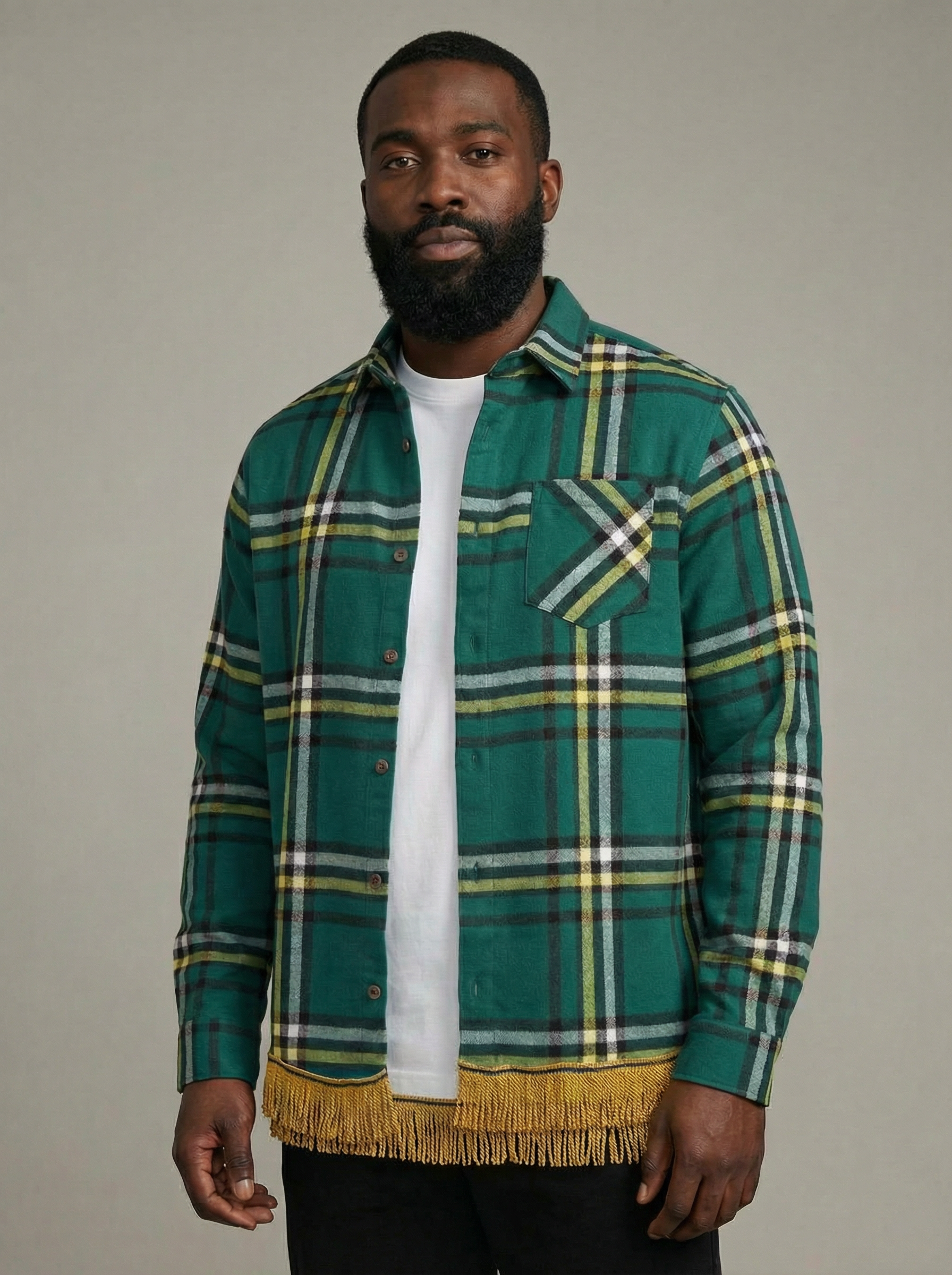 Men's Checked Long Sleeve Shirt with Fringes