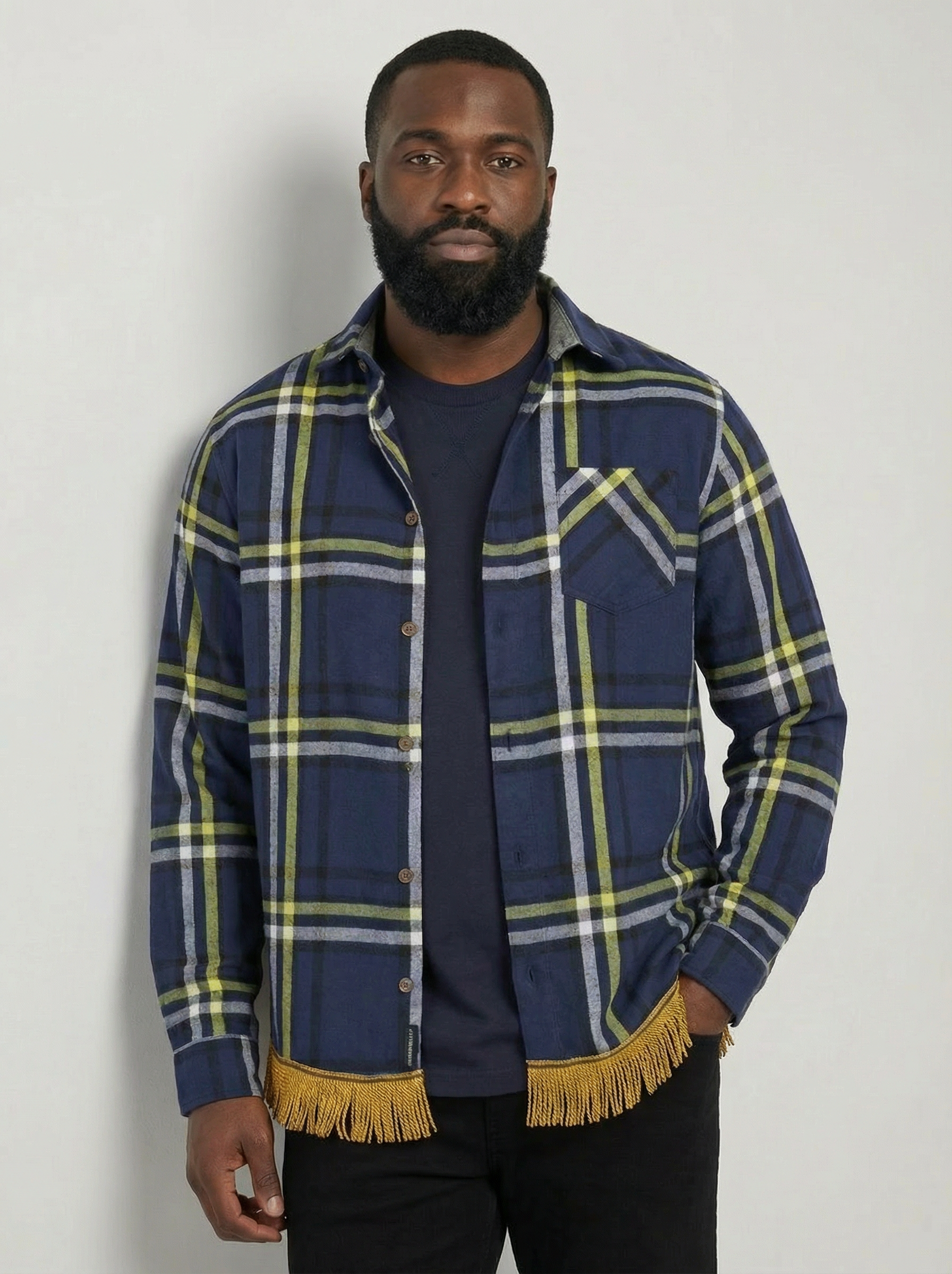 Men's Checked Long Sleeve Shirt with Fringes