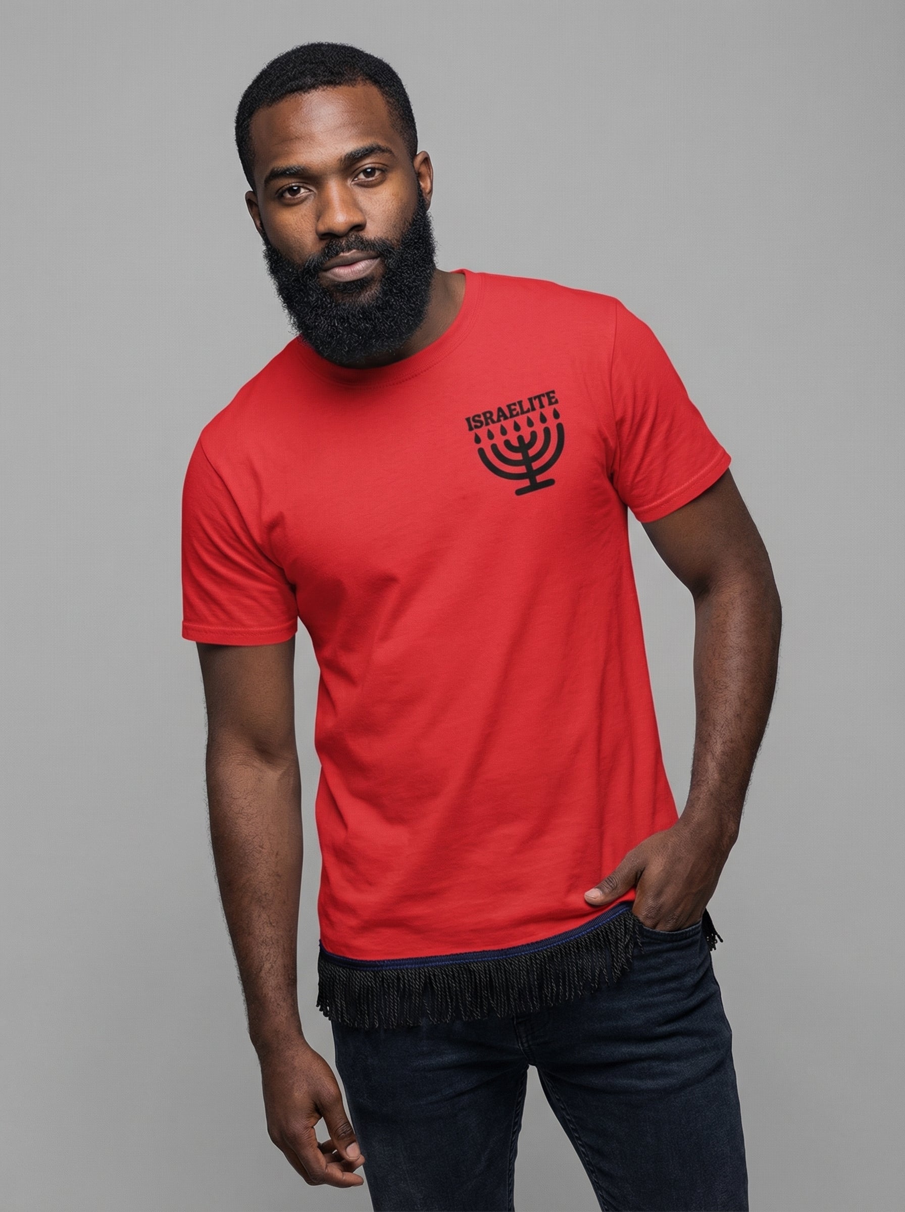 ISRAELITE Menorah Adult T-Shirt with Fringes (Black Design)