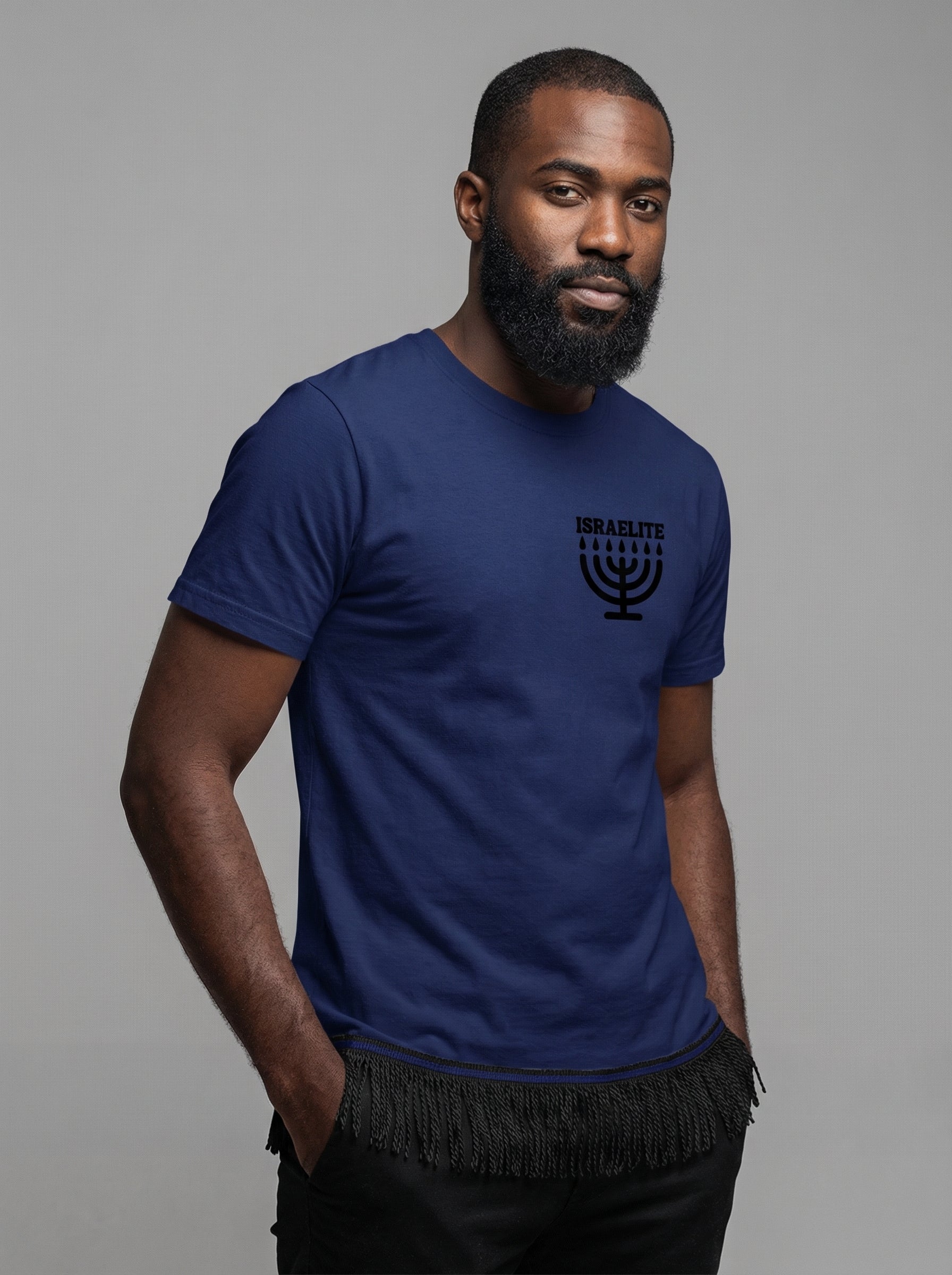 ISRAELITE Menorah Adult T-Shirt with Fringes (Black Design)