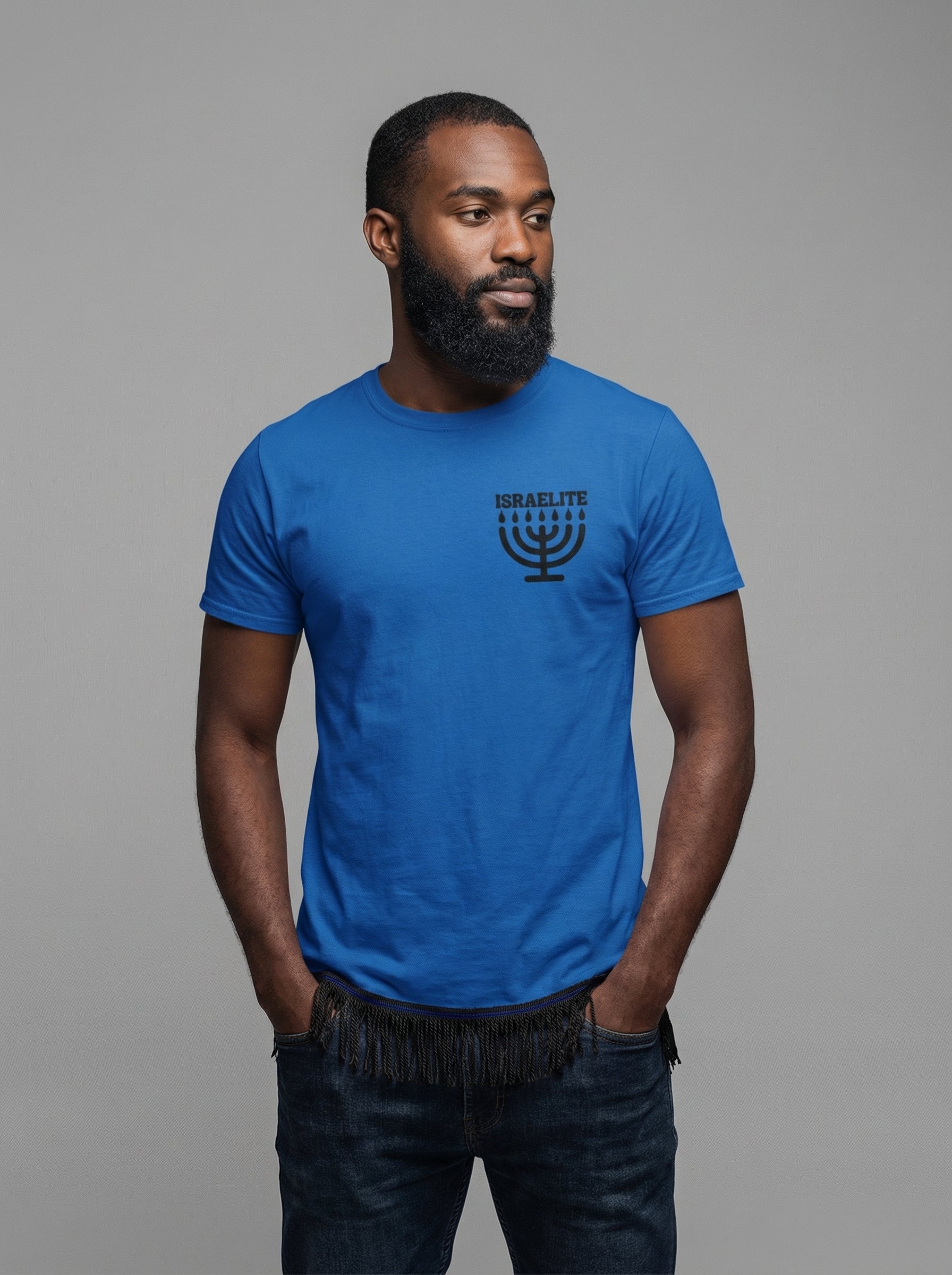 ISRAELITE Menorah Adult T-Shirt with Fringes (Black Design)