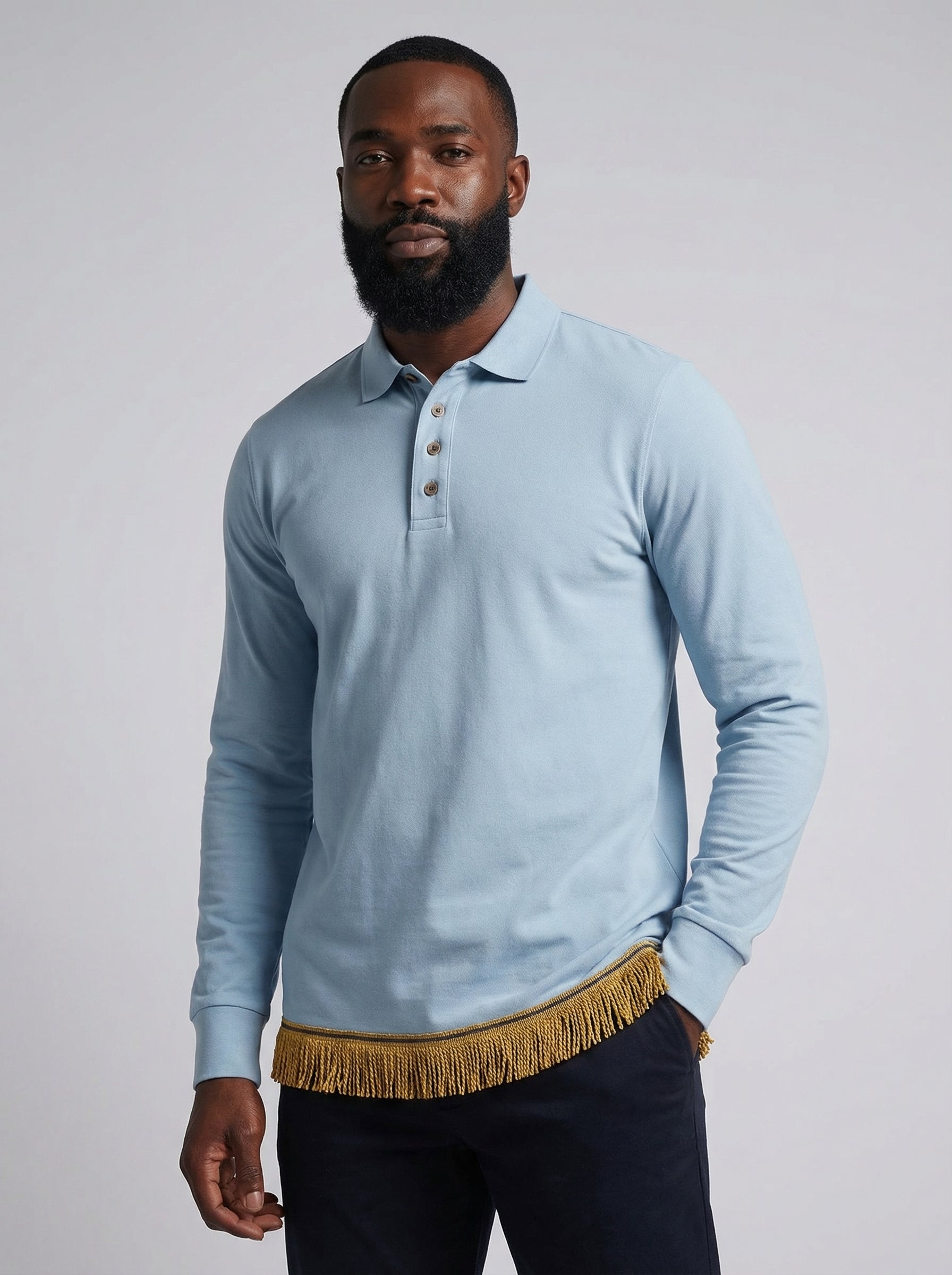 Men's Long Sleeve Polo Shirt with Fringes