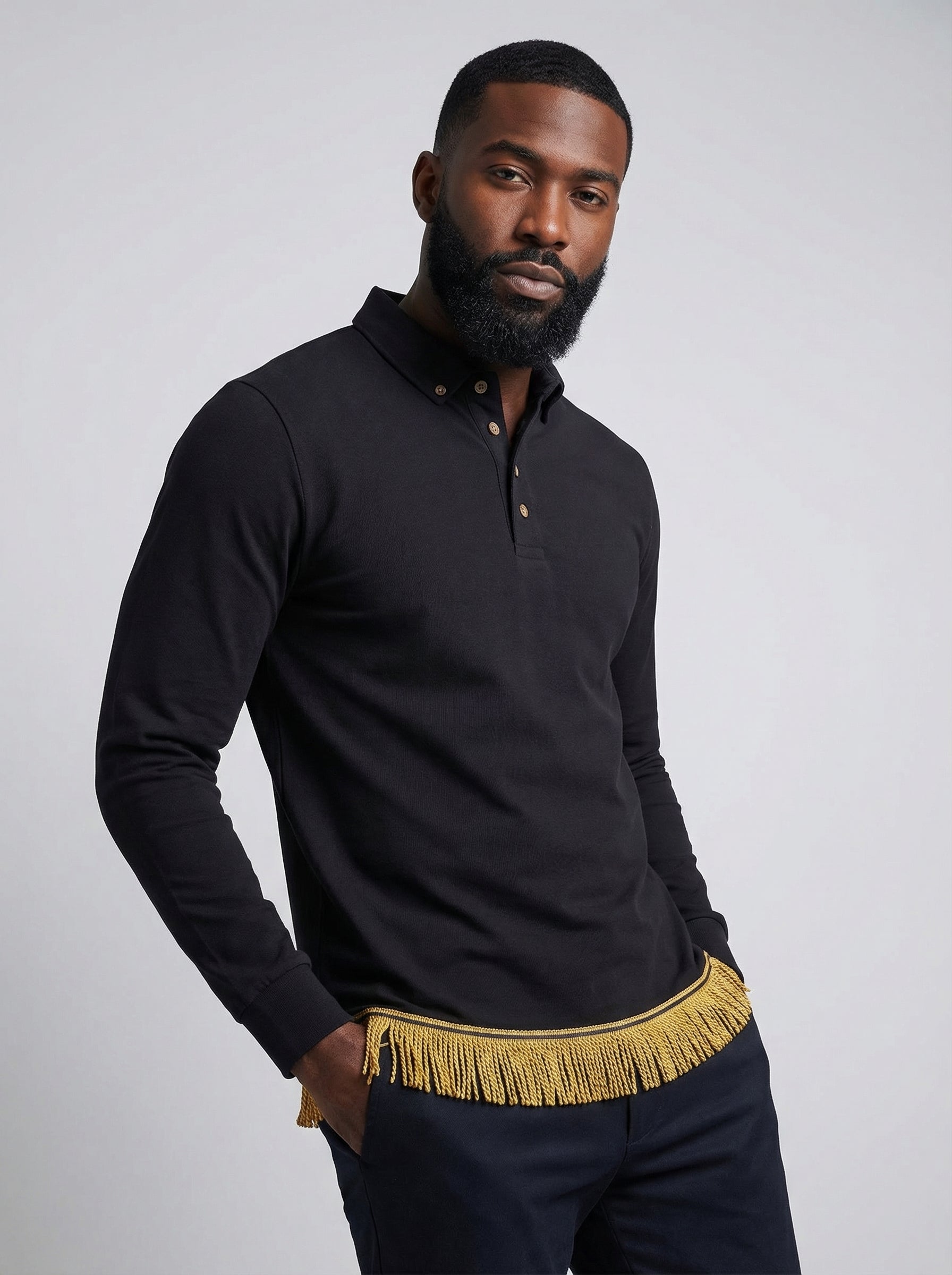 Men's Long Sleeve Polo Shirt with Fringes