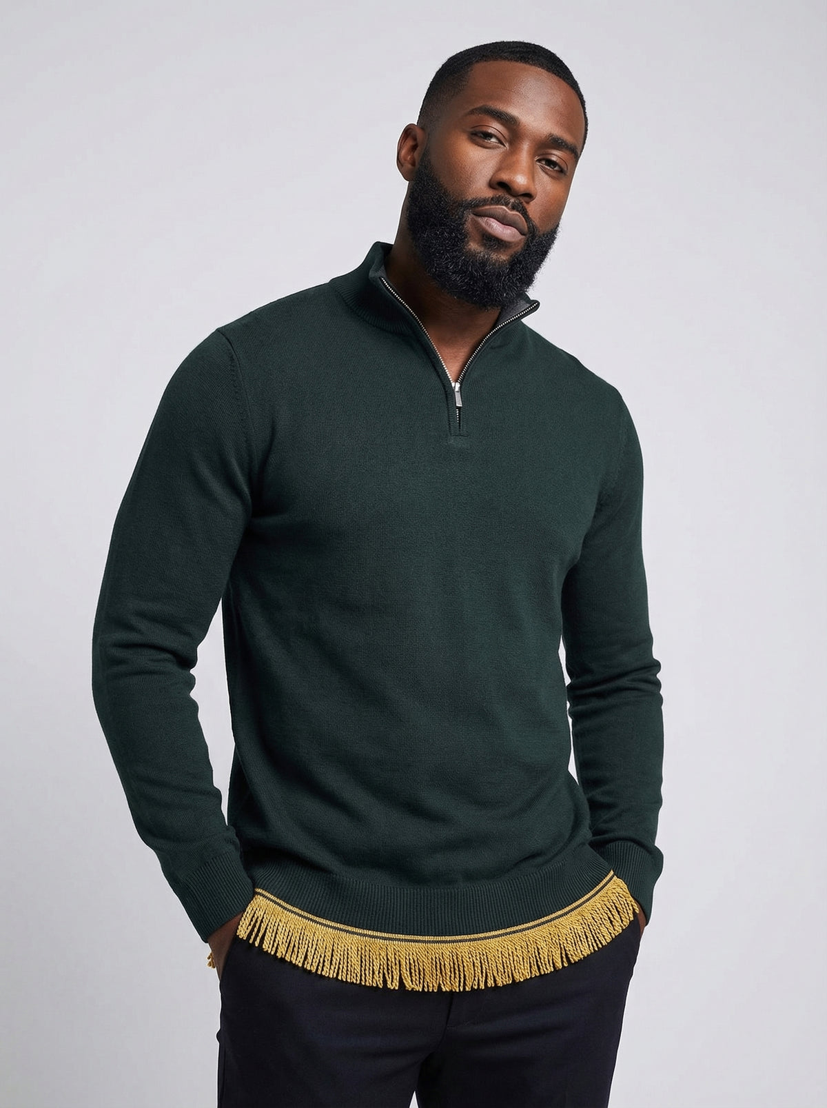 Men's Pure Cotton Quarter Zip Sweater with Fringes