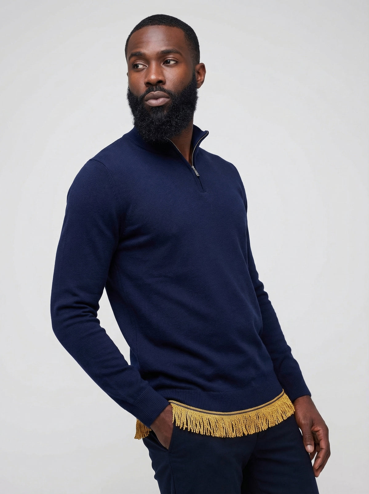 Men's Pure Cotton Quarter Zip Sweater with Fringes