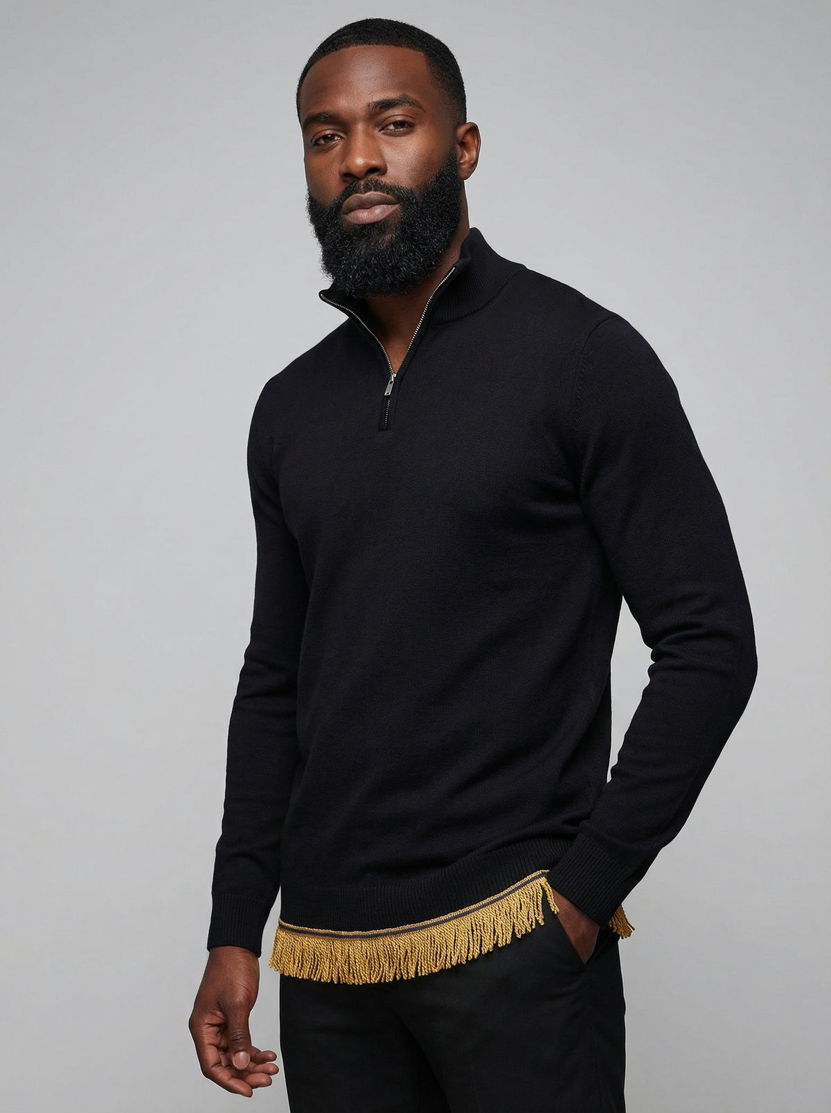 Men's Pure Cotton Quarter Zip Sweater with Fringes