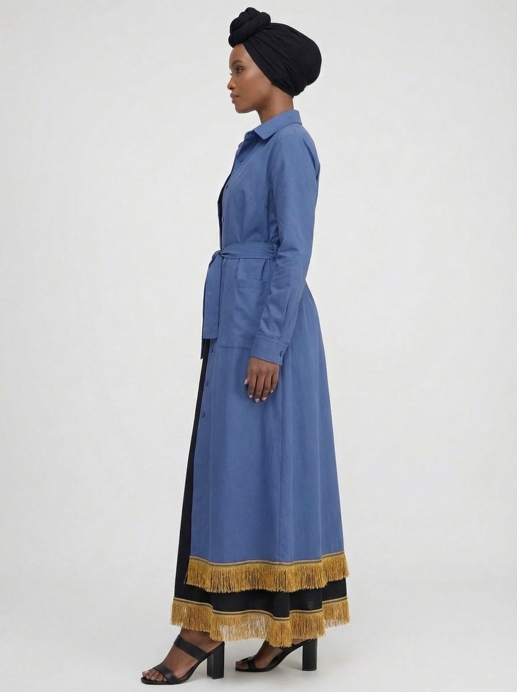Cotton Belted Long Shirt Jacket with Fringes