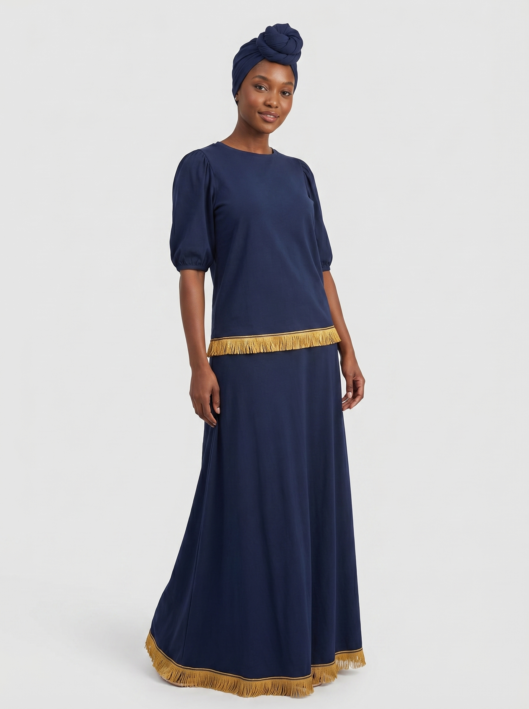 Women's Navy Pure Cotton Volume Sleeve Top with Fringes