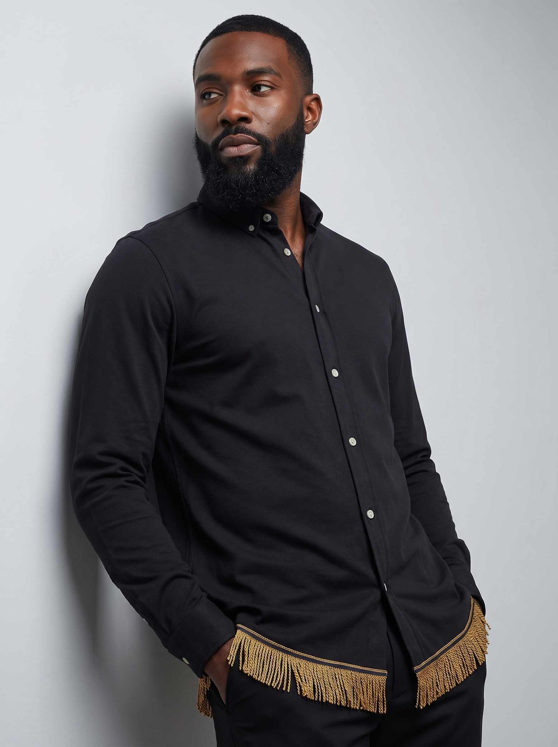 Men's Black Pure Cotton Button Down Collar Shirt with Fringes