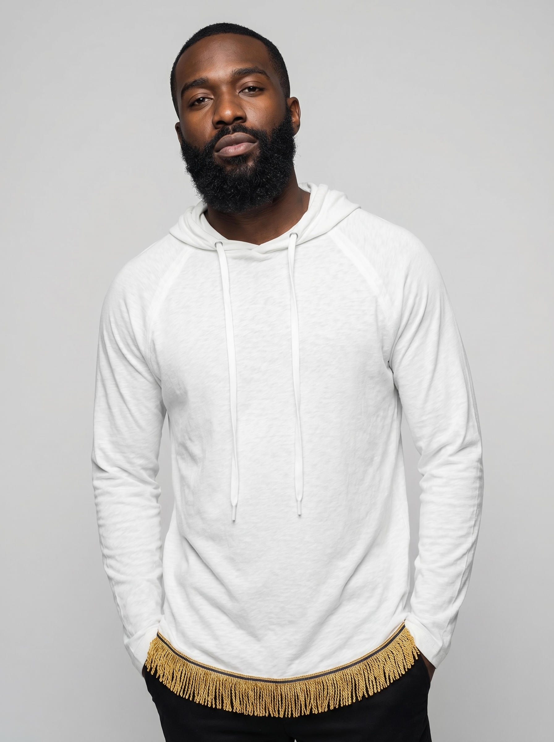 Men's Ivory Pure Cotton Popover Hoodie with Fringes