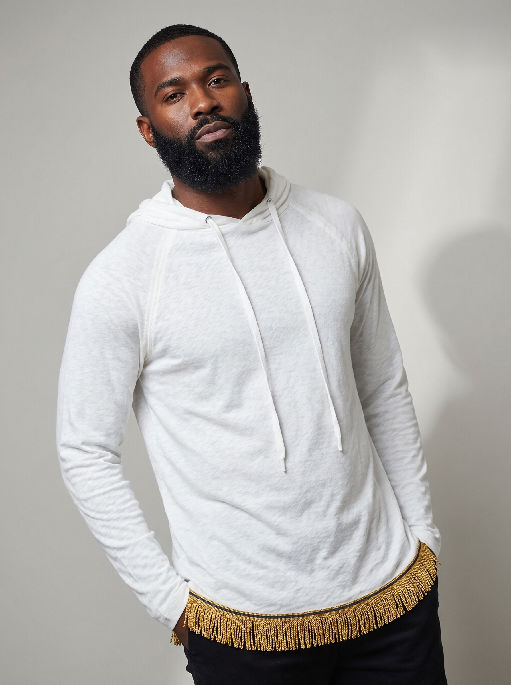 Men's Ivory Pure Cotton Popover Hoodie with Fringes