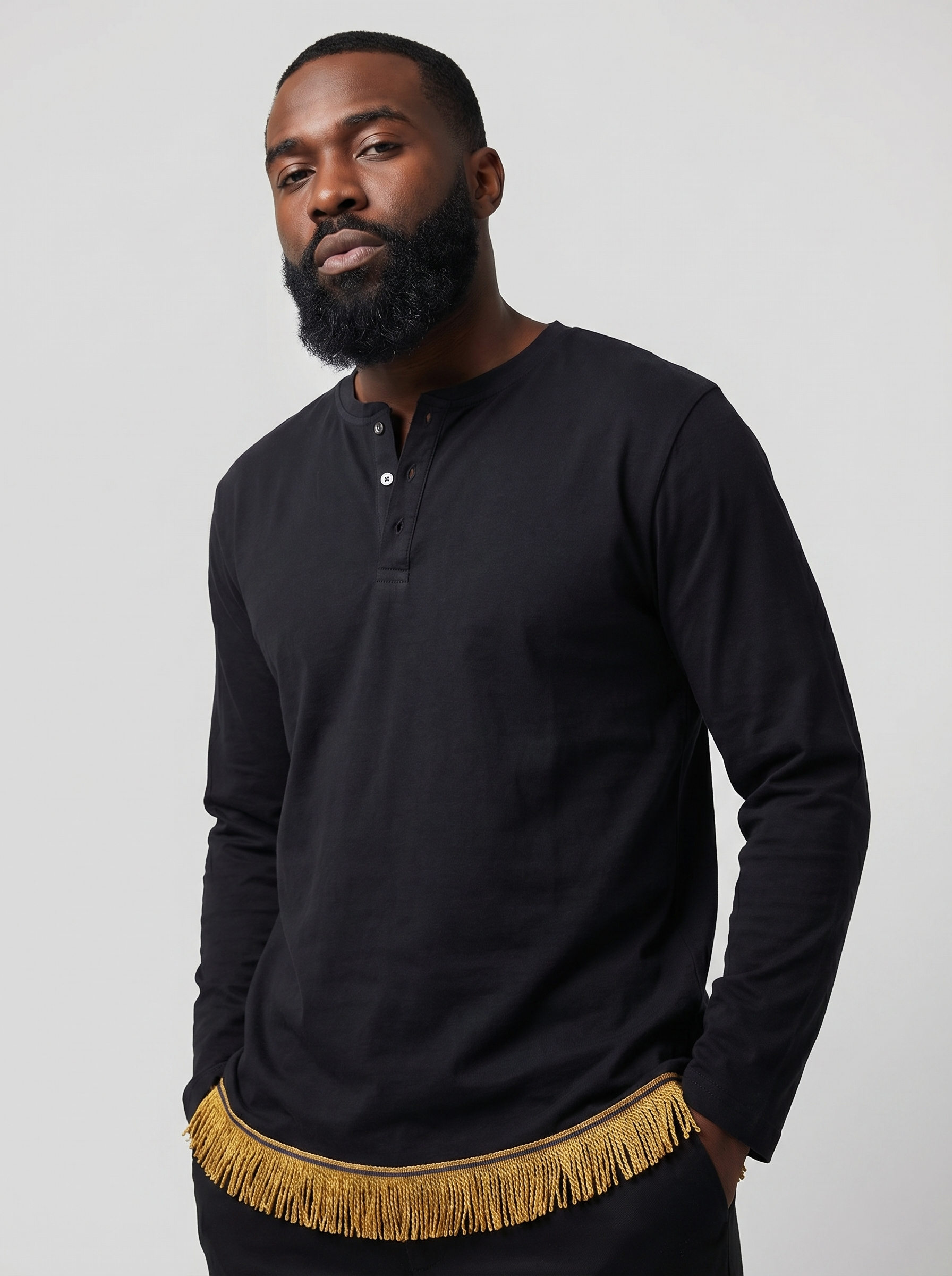 Men's Pure Cotton Henley Long Sleeve T-Shirt with Fringes